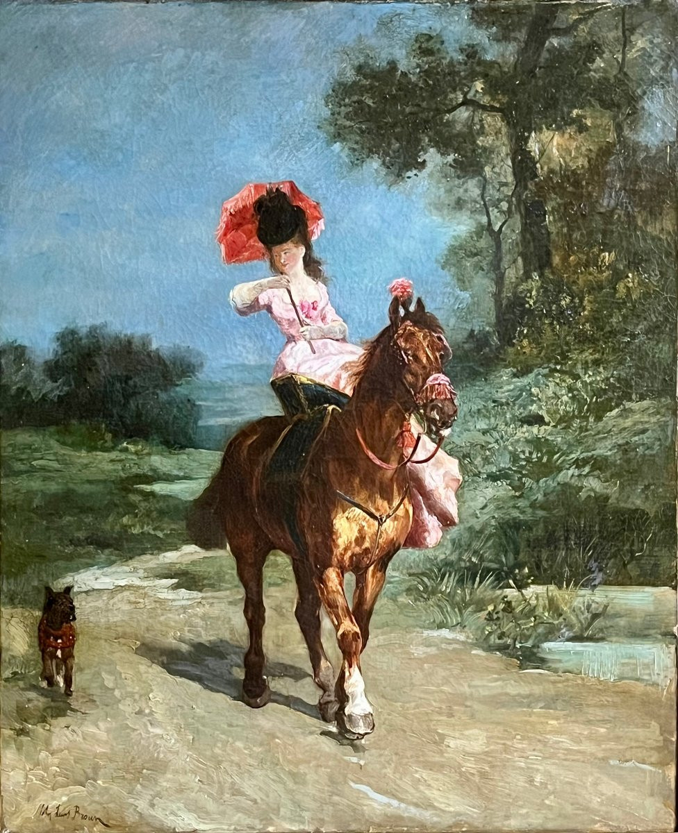 Tableau , Cavalière  En Amazone , Huile Sur Toile  Signée John Lewis Brown ( Jean Louis Brown )-photo-2
