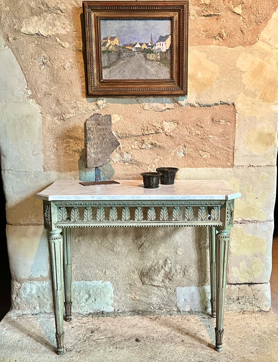 Console Provençale En Bois Peint . Fin XVIII ème Début XIX ème .  Plateau faux marbre