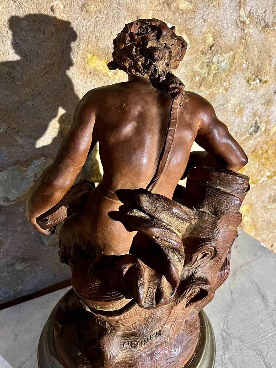 Faune jouant avec des enfants . Terre cuite signée Clodion. -photo-3
