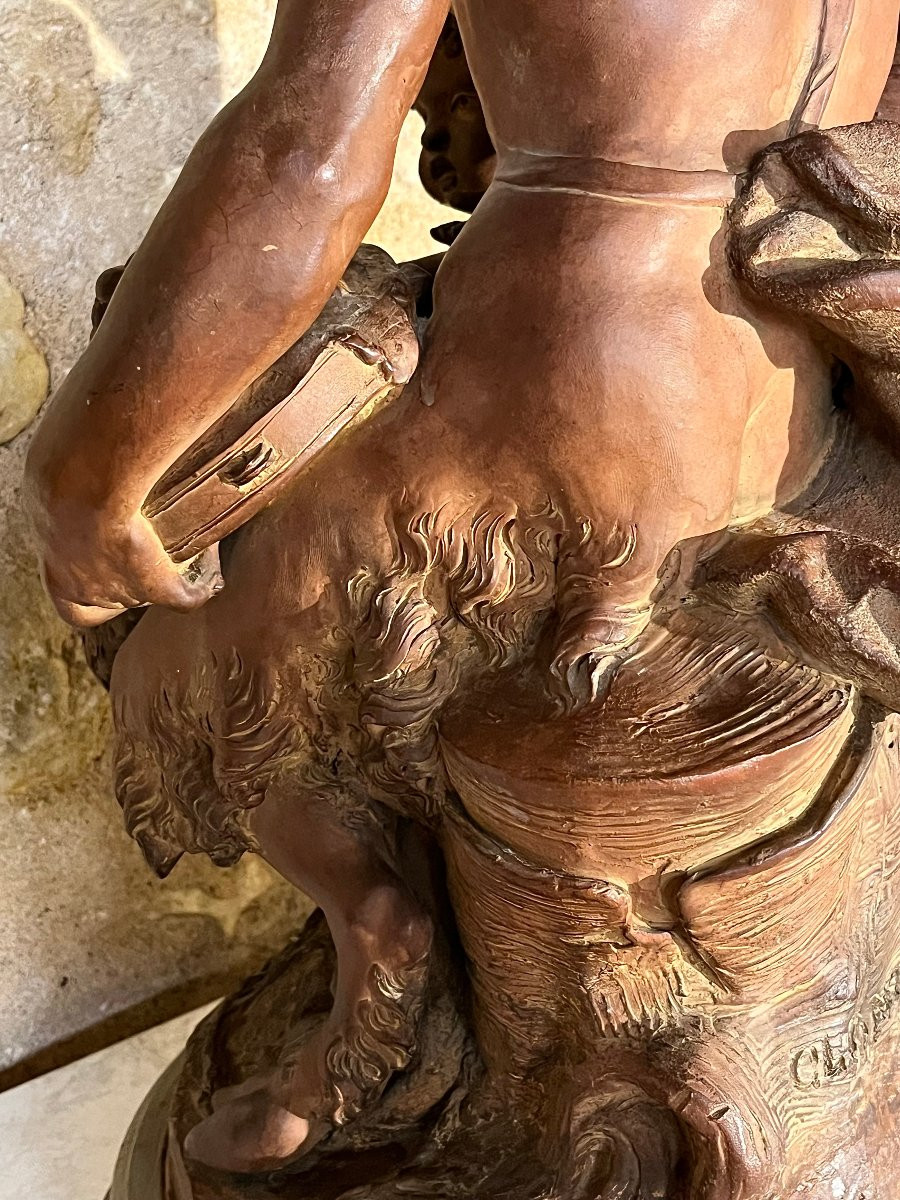 Faune jouant avec des enfants . Terre cuite signée Clodion. -photo-4