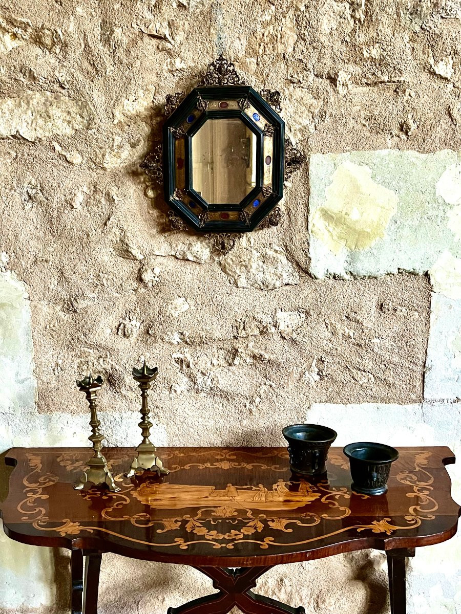 Octagonal Mirror From The 19th Century In The Style Of The 17th Century. Hardstone Inlays. -photo-2