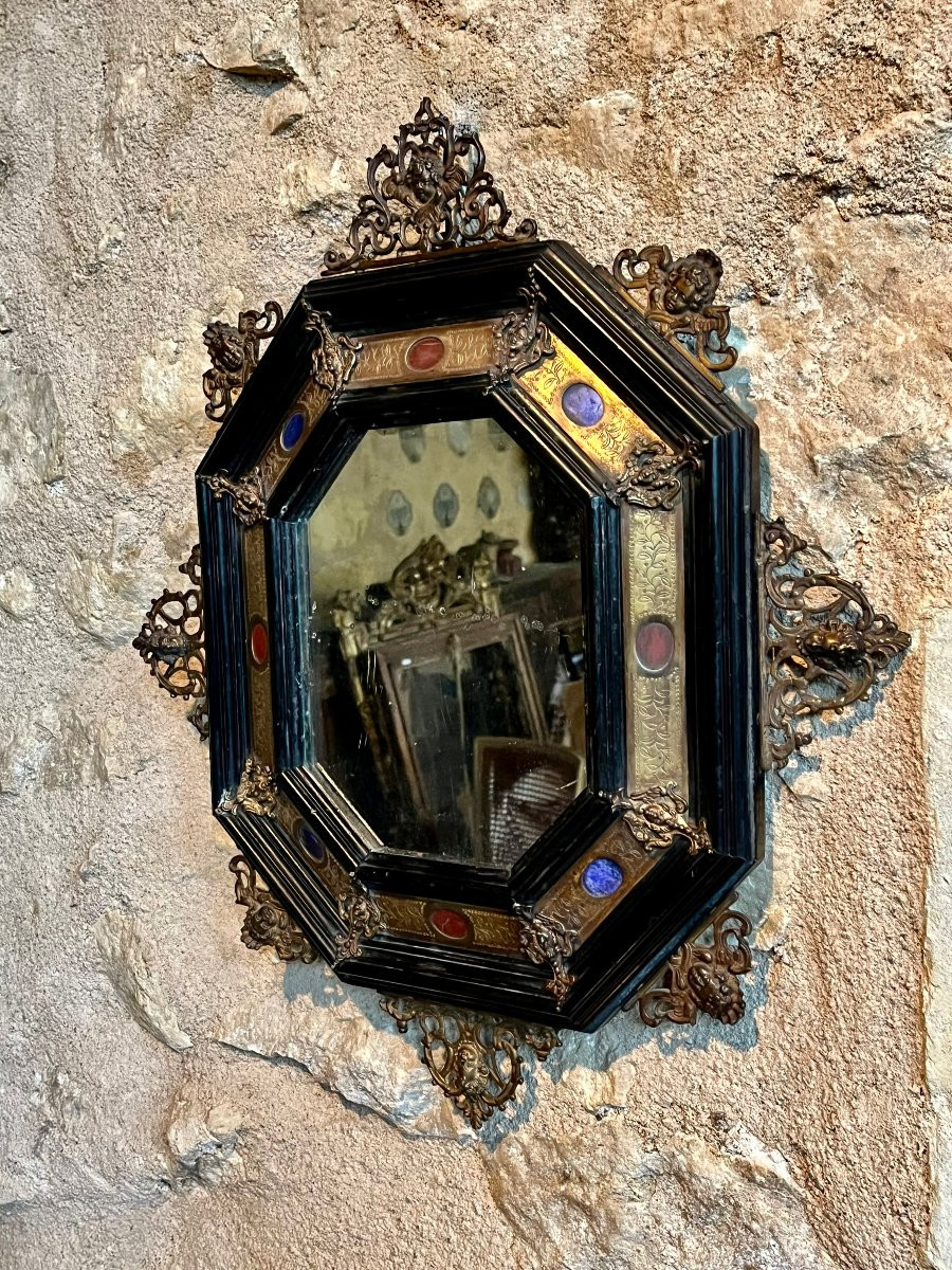 Octagonal Mirror From The 19th Century In The Style Of The 17th Century. Hardstone Inlays. -photo-3