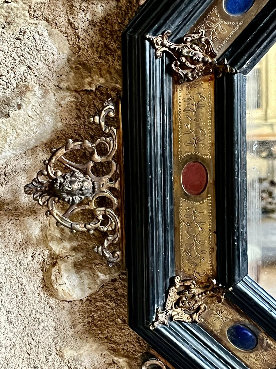 Octagonal Mirror From The 19th Century In The Style Of The 17th Century. Hardstone Inlays. -photo-4