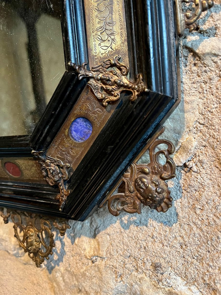 Octagonal Mirror From The 19th Century In The Style Of The 17th Century. Hardstone Inlays. -photo-1