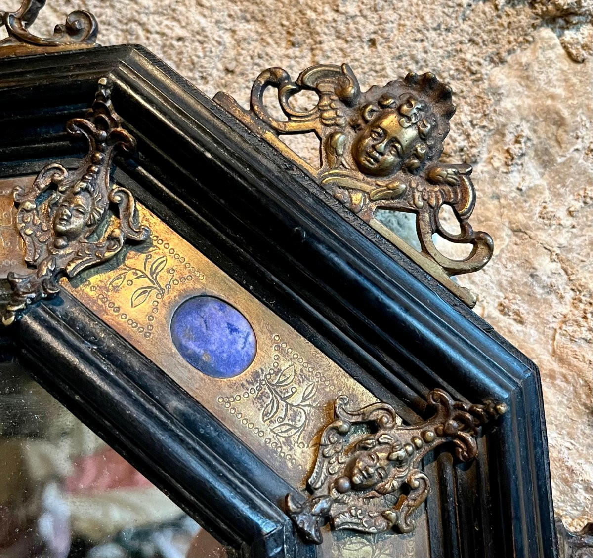 Octagonal Mirror From The 19th Century In The Style Of The 17th Century. Hardstone Inlays. -photo-2