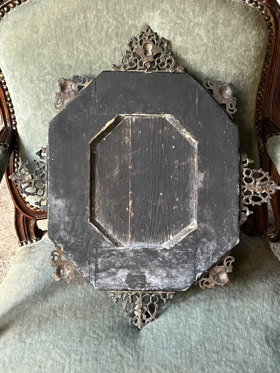 Octagonal Mirror From The 19th Century In The Style Of The 17th Century. Hardstone Inlays. -photo-3