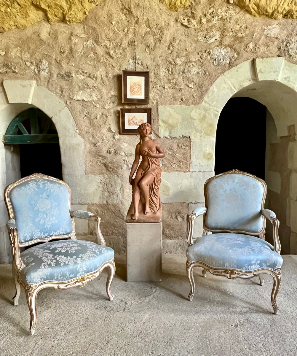 Pair Of Painted And Gilded Wood Armchairs With Queen Backs, Late 19th Century