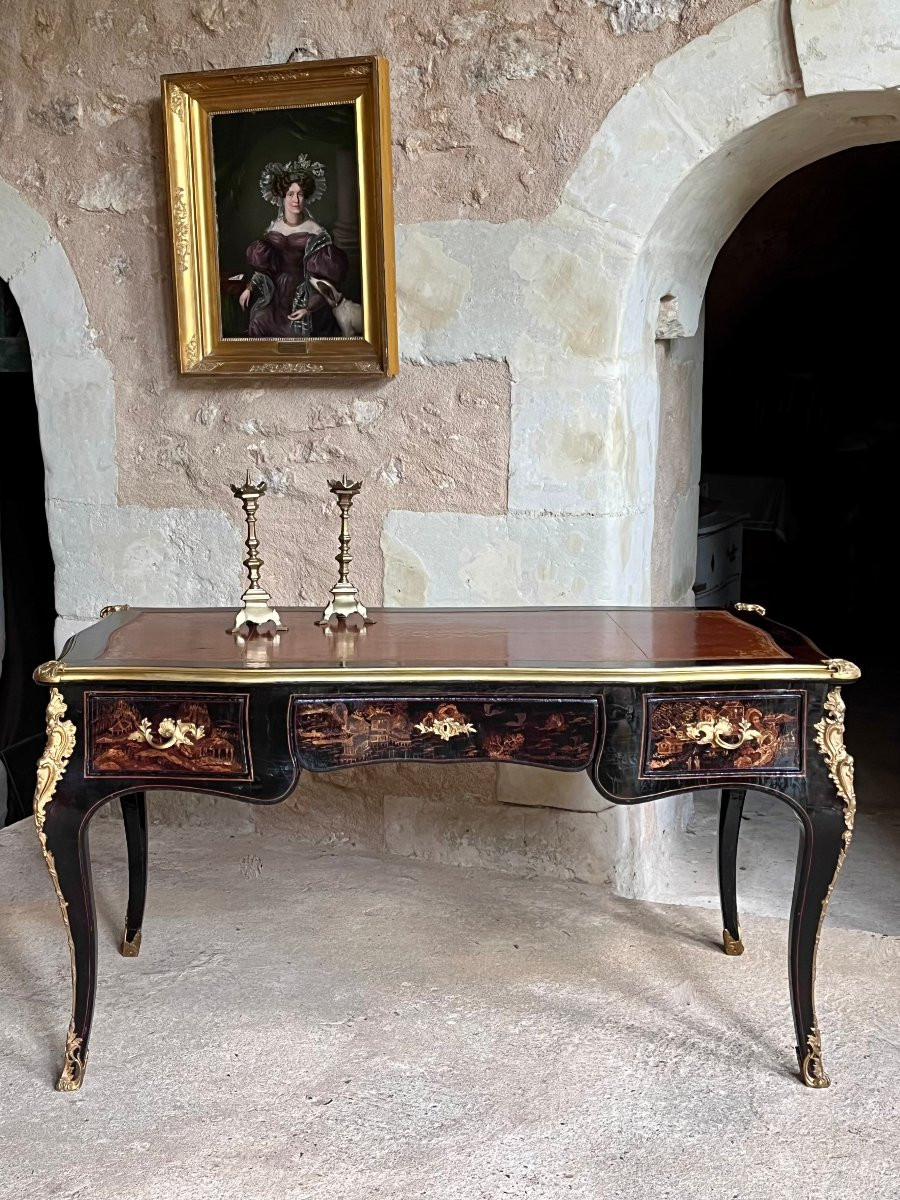 Flat Desk, Black Lacquer, Martin Varnish With Chinoiserie Decor, 19th Century-photo-2