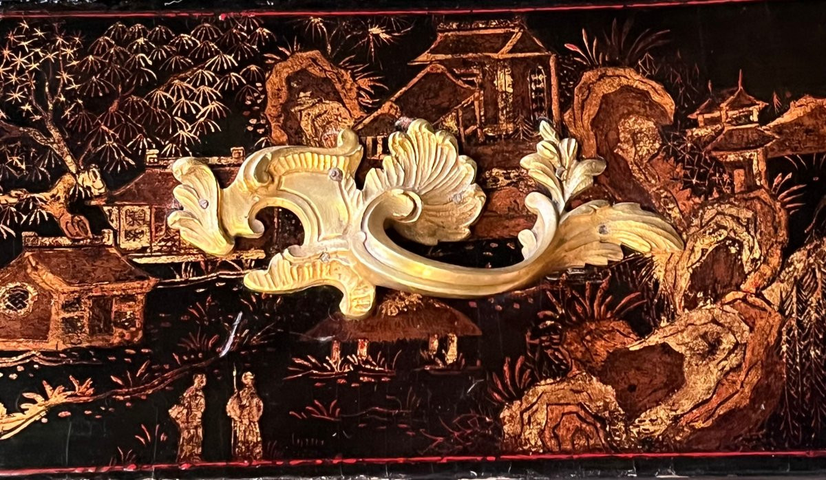 Flat Desk, Black Lacquer, Martin Varnish With Chinoiserie Decor, 19th Century-photo-5