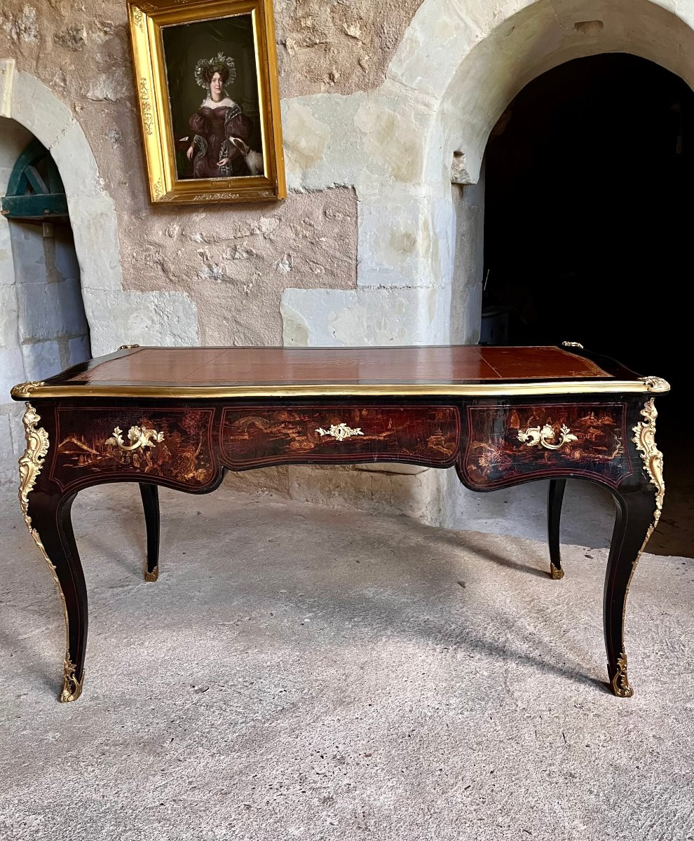 Flat Desk, Black Lacquer, Martin Varnish With Chinoiserie Decor, 19th Century-photo-7