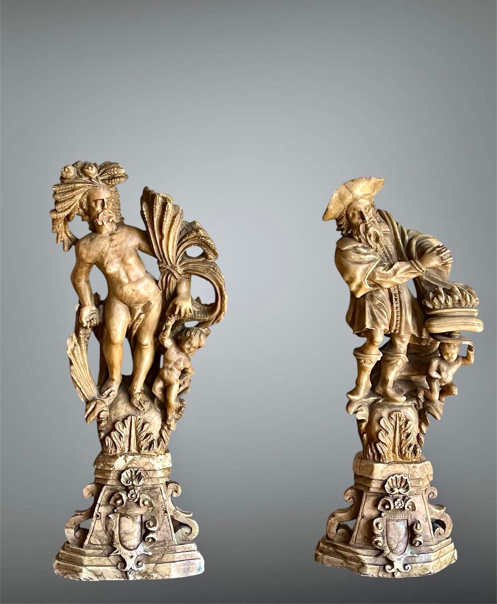  Pair Of Allegorical Sculptures In Alabaster, 17th Century. 