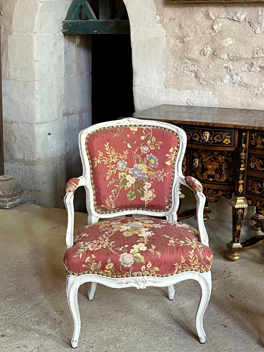 Paire de fauteuils cabriolet d’époque Louis XV .  XVIII ème siècle . Bois peint -photo-2