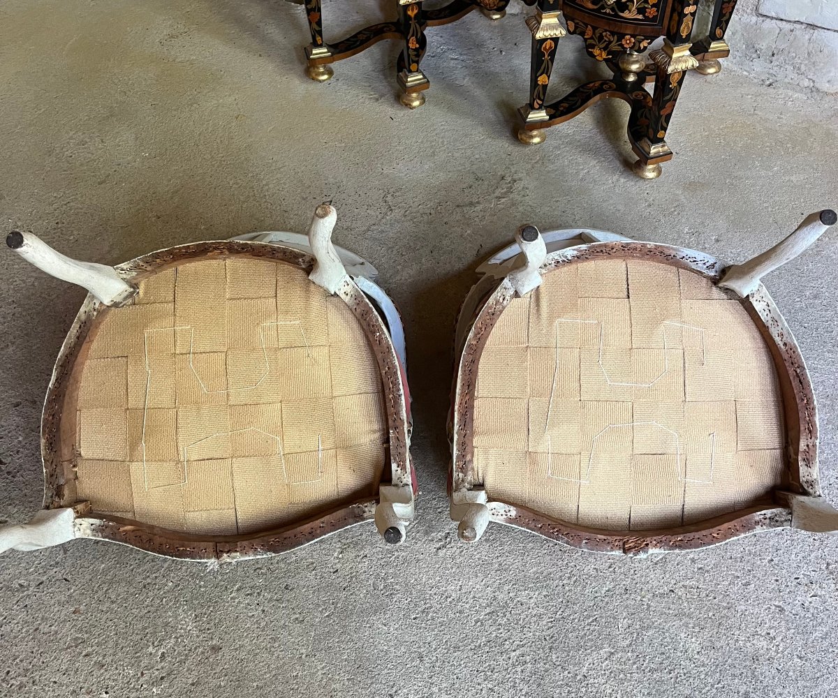 Paire de fauteuils cabriolet d’époque Louis XV .  XVIII ème siècle . Bois peint -photo-4