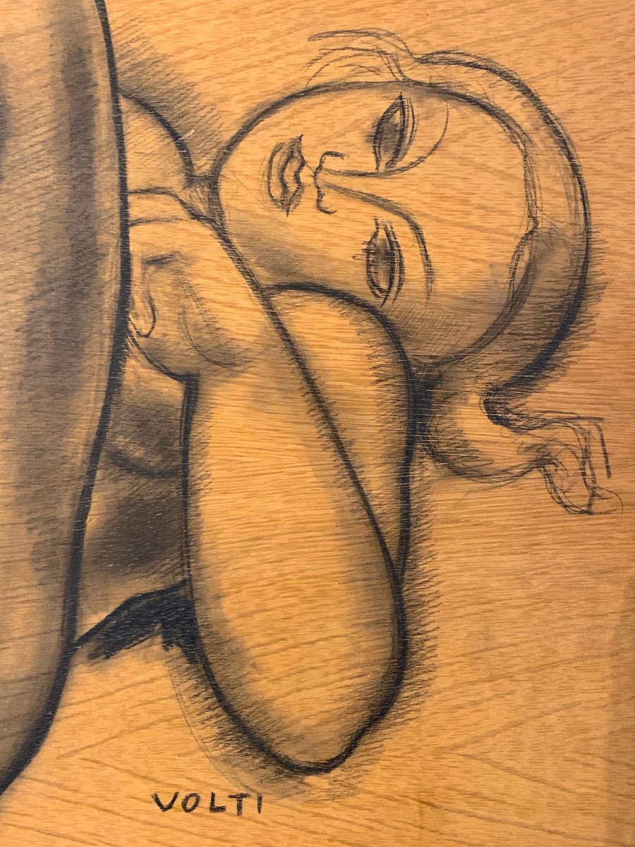 Antoniucci Volti . Femme Nue Allongée . Fusain Sur Panneau De Bois . -photo-2