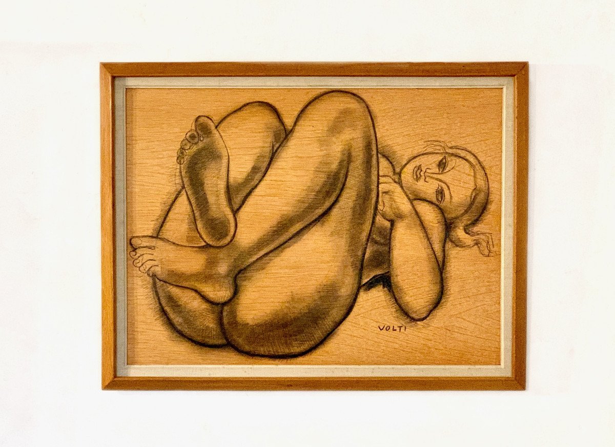 Volti. Lying Naked Woman. Charcoal On Wood Panel.