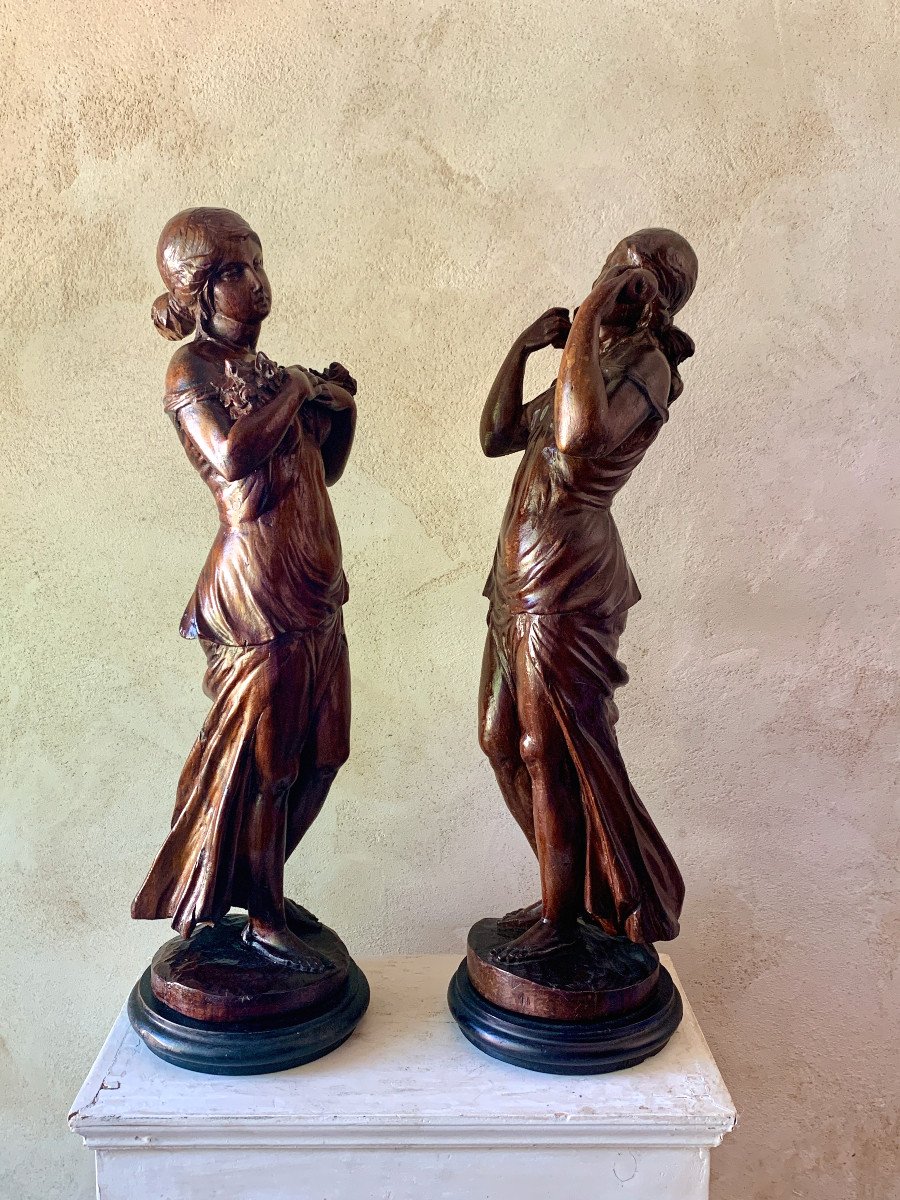 Pair Of Statues, Workshop Sculptures In Walnut, Young Women.-photo-2