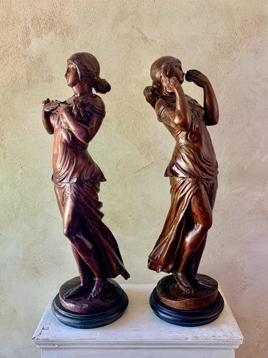 Pair Of Statues, Workshop Sculptures In Walnut, Young Women.-photo-3