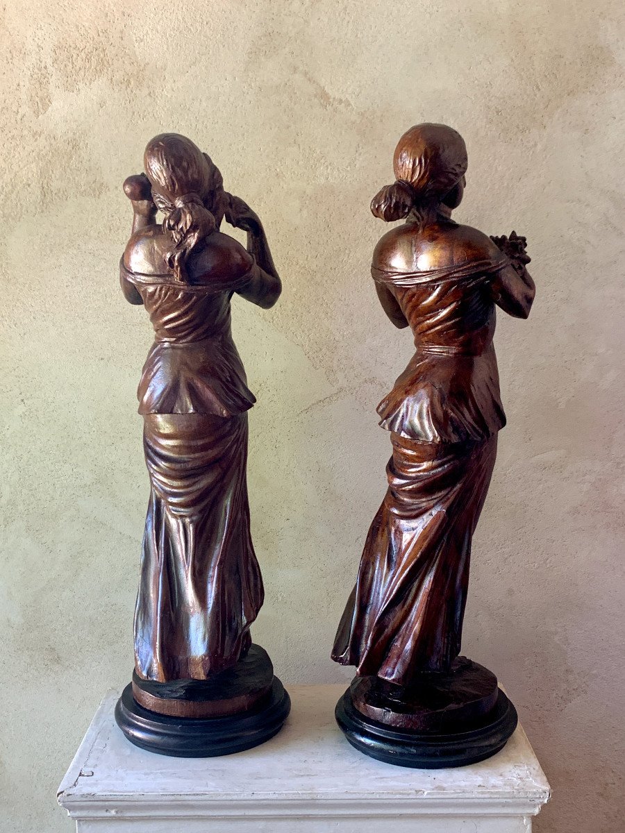 Pair Of Statues, Workshop Sculptures In Walnut, Young Women.-photo-4