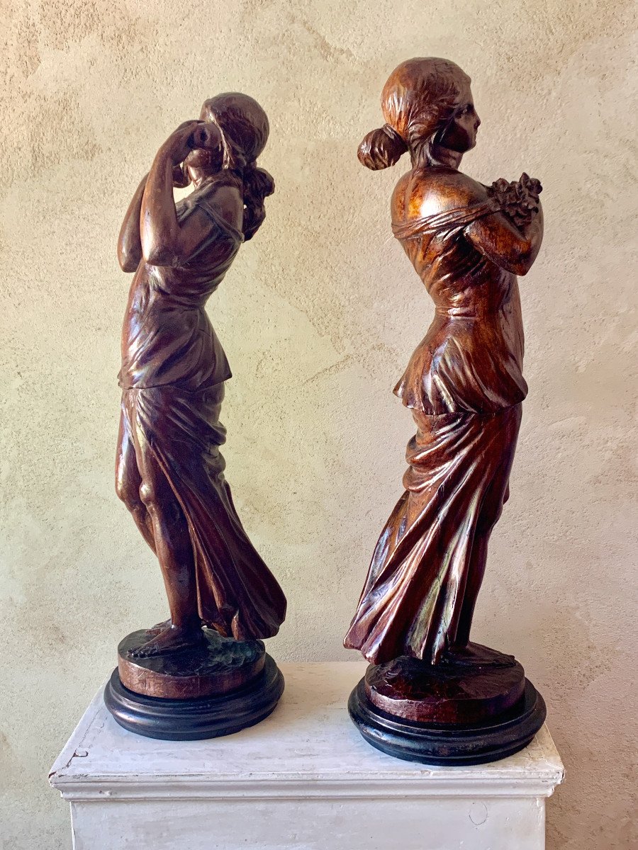 Pair Of Statues, Workshop Sculptures In Walnut, Young Women.-photo-1