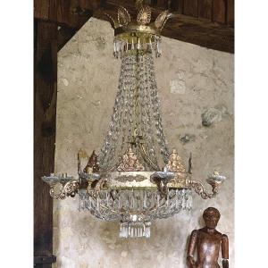 Large Chandelier With Tassels In Iron And Cast Iron, Early 19th Century