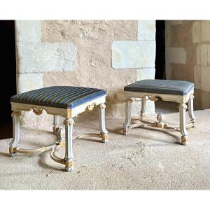 Pair Of Large Stools In Painted And Gilded Wood, 20th Century. Benches