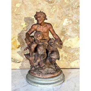 Fauna Playing With Children. Terracotta Signed Clodion. 