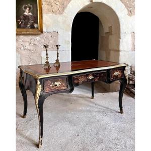 Flat Desk, Black Lacquer, Martin Varnish With Chinoiserie Decor, 19th Century