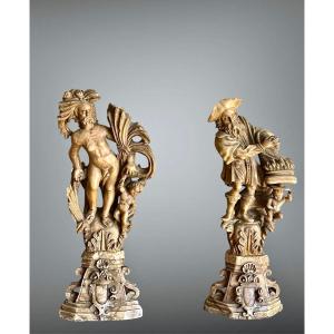 Paire de sculptures allégoriques en albâtre , XVII ème siècle .