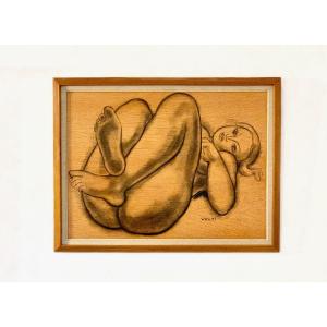 Volti . Femme Nue Allongée . Fusain Sur Panneau De Bois . 