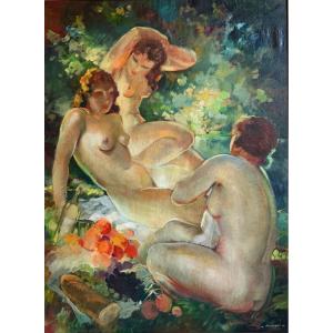 Robert Falcucci . Trois Femmes Nues . Huile Sur Toile 