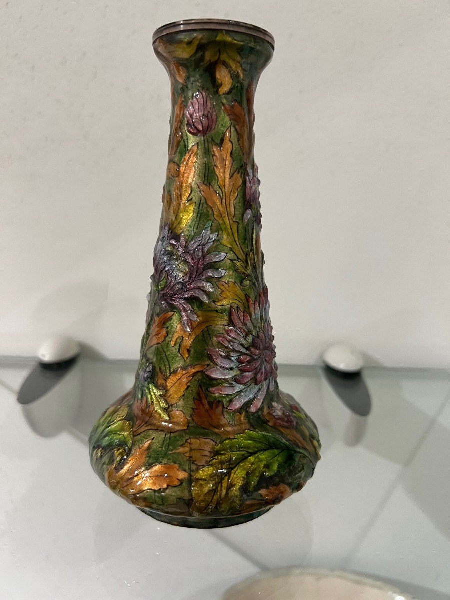 Small Enamel Vase On Copper Signed H. Patina A Sevres-photo-5