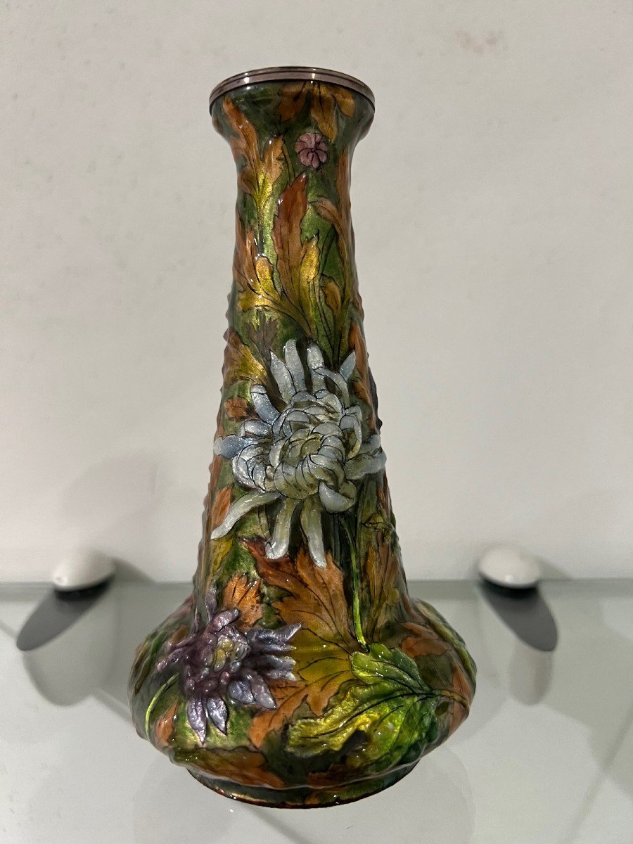 Superb Small Enamel Vase On Copper Signed H. Patina A Sevres