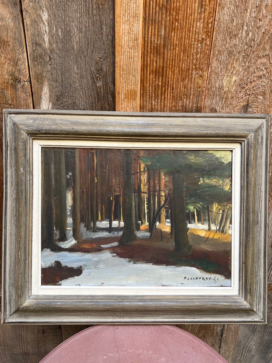 Painting By P. Jouffroy Sous Bois Oil On Hardboard 1951