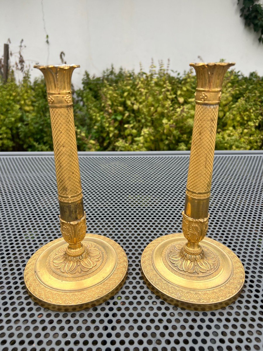 Paire De Bougeoirs époque Empire Bronze Doré
