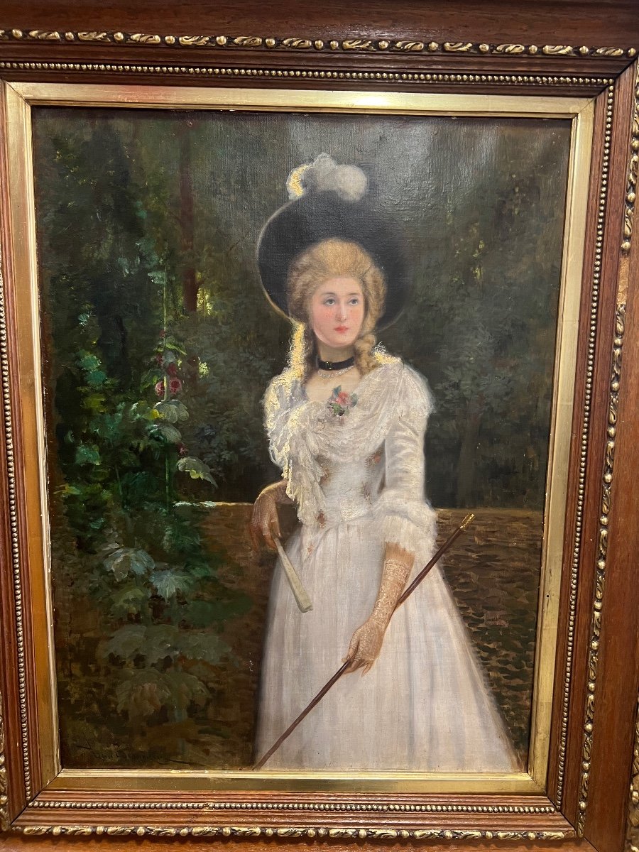 Peinture Huile Sur Toile Signé Jean Beaudoin Jeune Femme élégante Dans Un Parc à L’eventail-photo-6