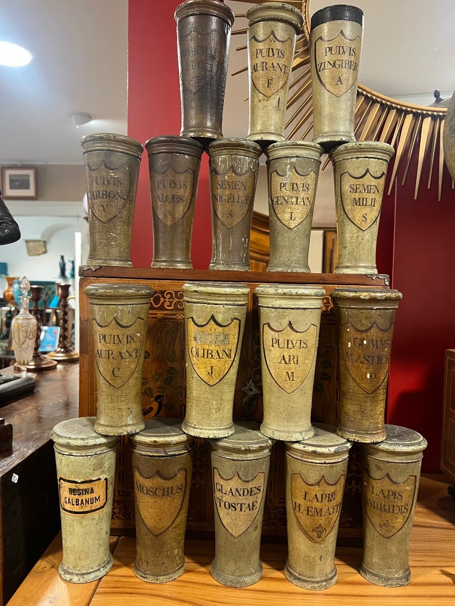 Set Of 17 Wooden Pharmacy Pots XVIII