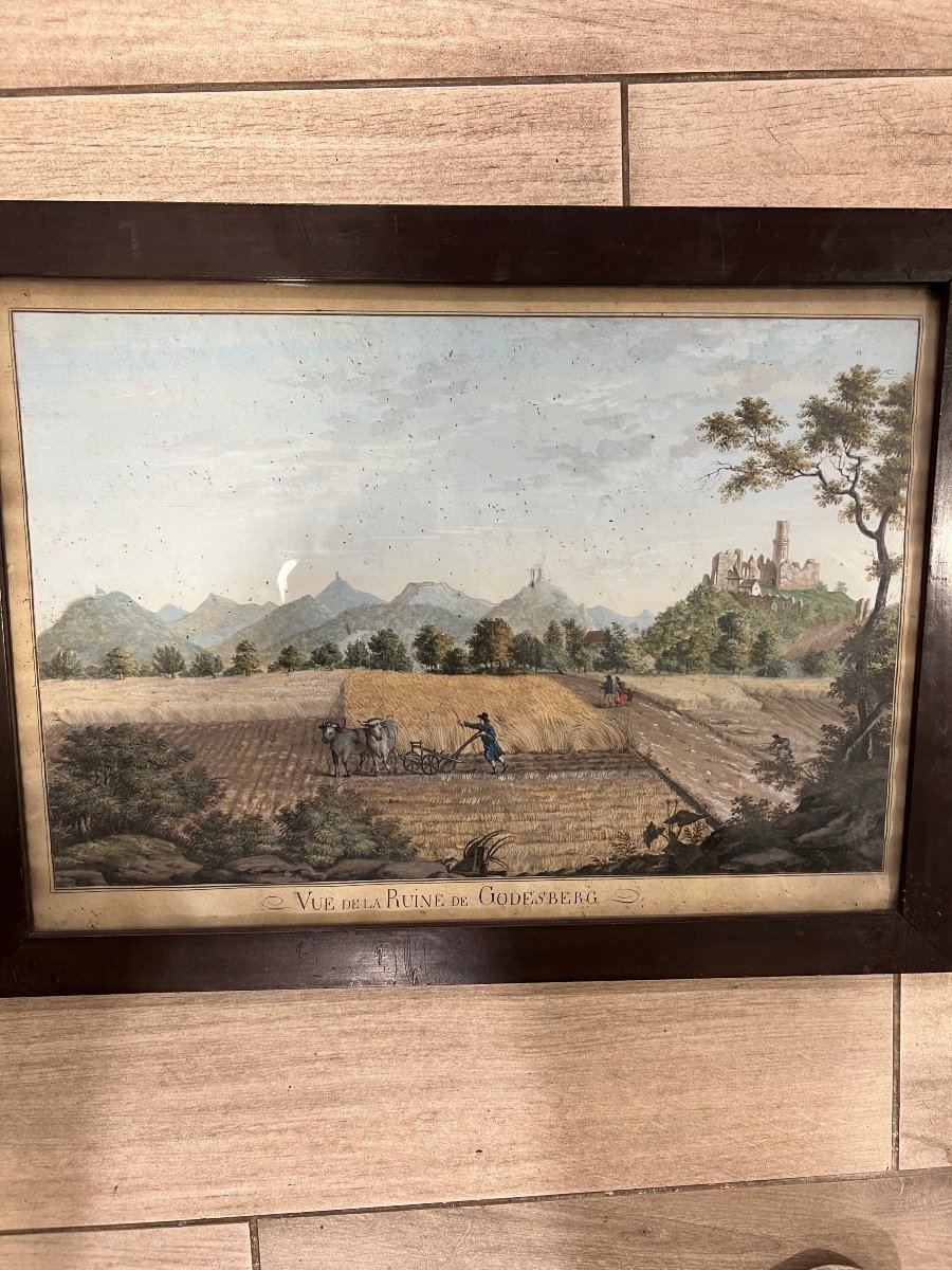 Old Gouache Early 19th Century View Of The Ruin Of Godesberg Germany Plowing Scene -photo-1