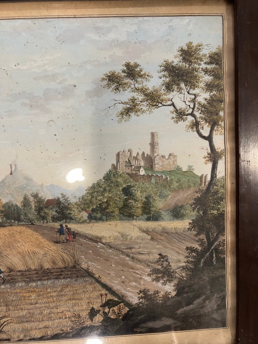 Old Gouache Early 19th Century View Of The Ruin Of Godesberg Germany Plowing Scene -photo-3