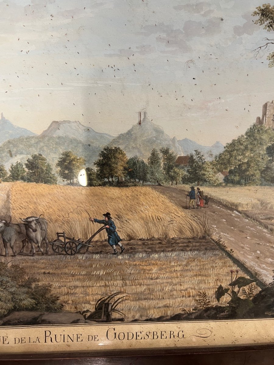 Old Gouache Early 19th Century View Of The Ruin Of Godesberg Germany Plowing Scene -photo-4