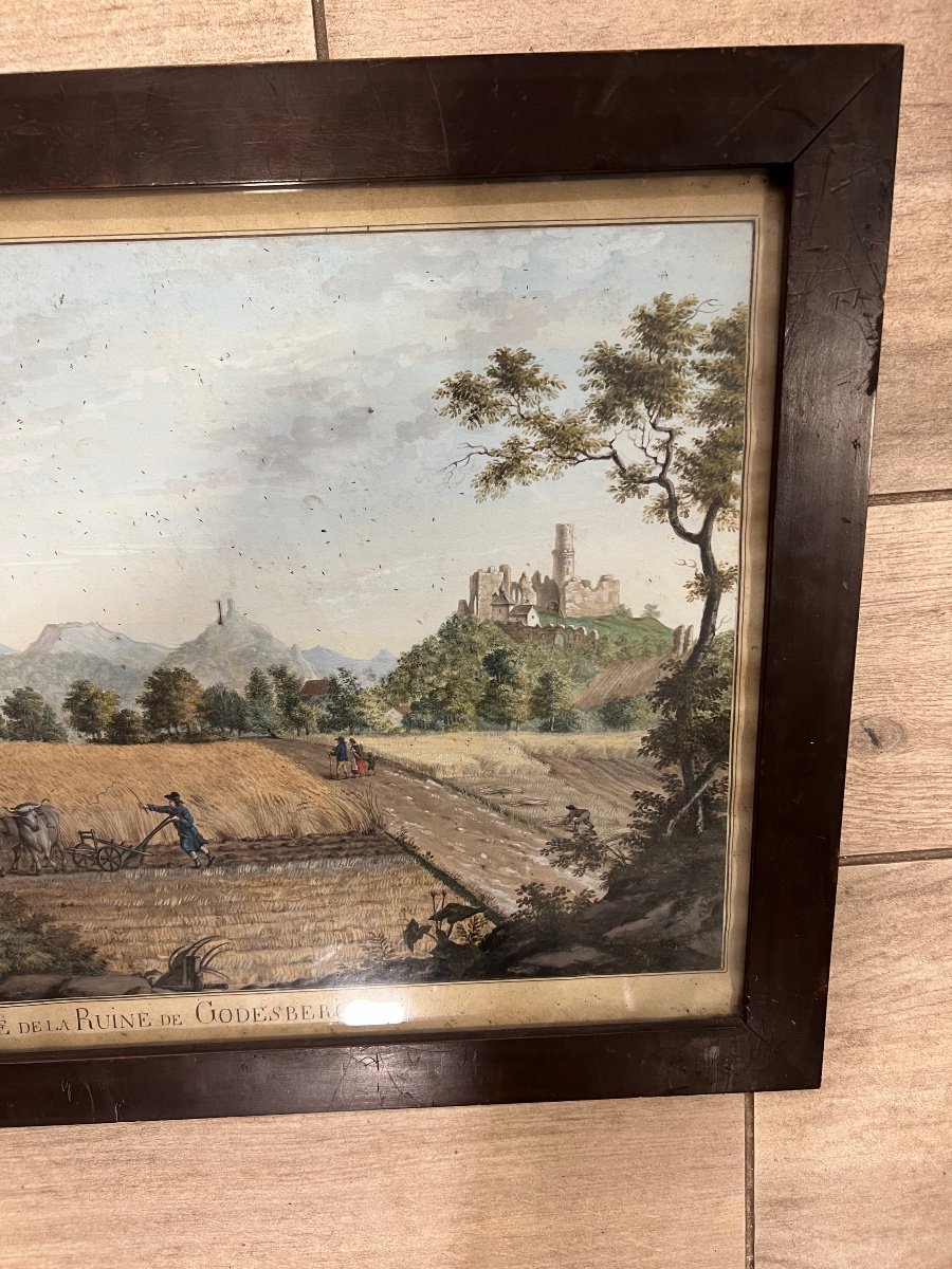 Old Gouache Early 19th Century View Of The Ruin Of Godesberg Germany Plowing Scene -photo-6