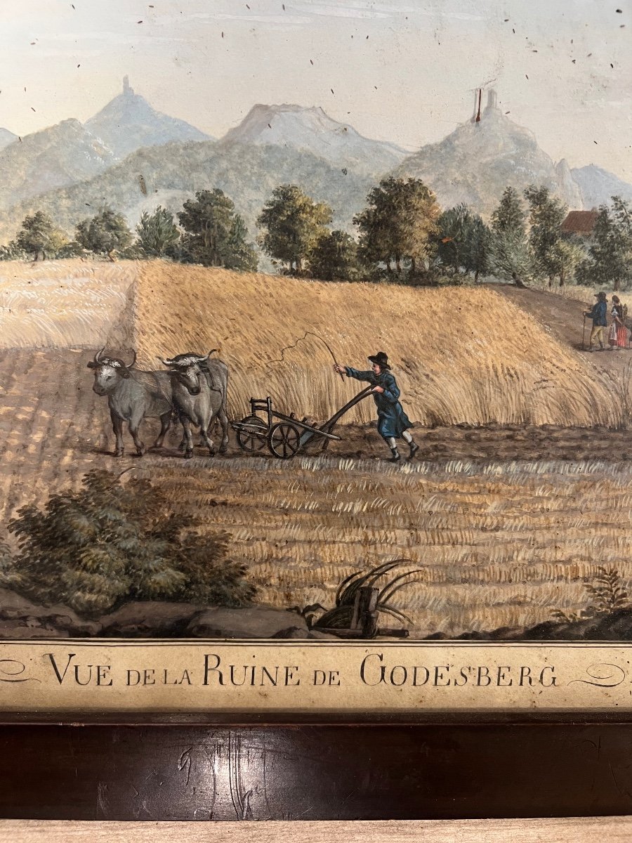 Old Gouache Early 19th Century View Of The Ruin Of Godesberg Germany Plowing Scene -photo-7
