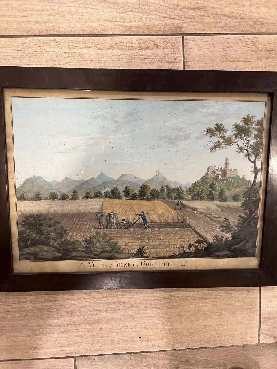 Old Gouache Early 19th Century View Of The Ruin Of Godesberg Germany Plowing Scene 