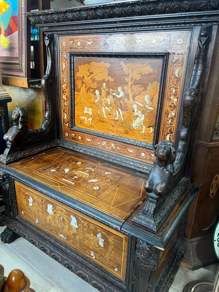Banc Coffre Marqueterie Os, Ivoire Et Bois Précieux Italie XIX-photo-4