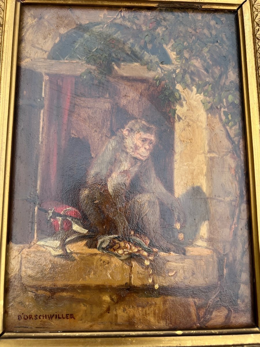 Oil Painting On Panel By Hippolyte Boug d'Orschwiller The Monkey With The Box Of Gold Coins-photo-2