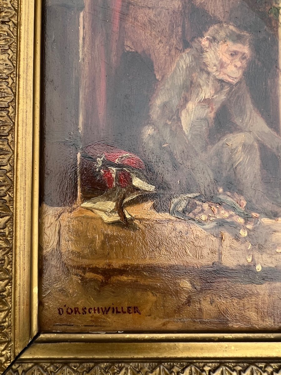 Oil Painting On Panel By Hippolyte Boug d'Orschwiller The Monkey With The Box Of Gold Coins-photo-3