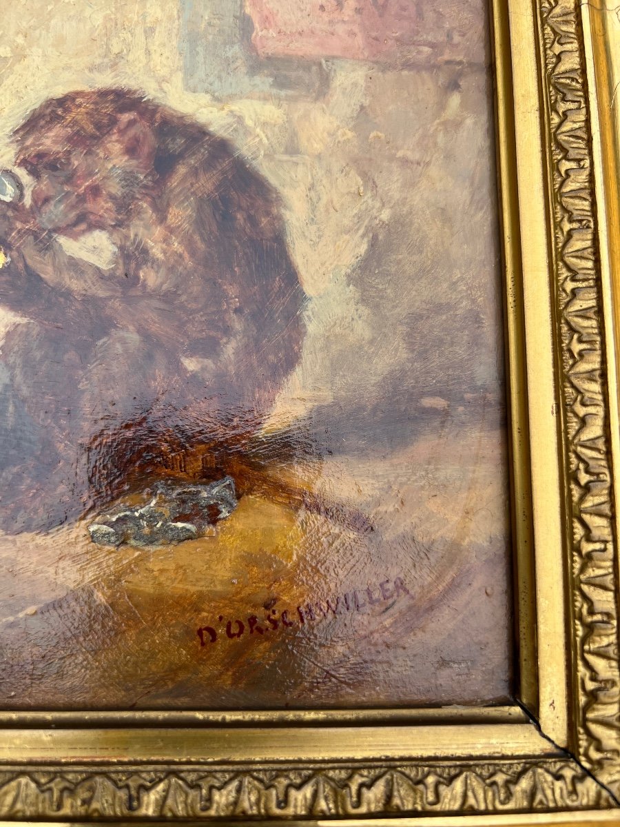 Oil On Panel By Hippolyte Boug d'Orshwiller The Monkey And His Gold Coins-photo-3