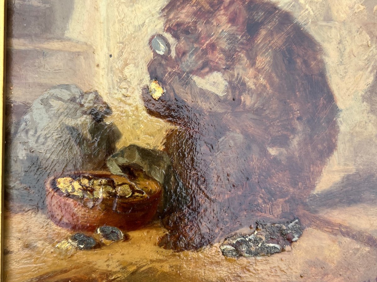 Oil On Panel By Hippolyte Boug d'Orshwiller The Monkey And His Gold Coins-photo-2