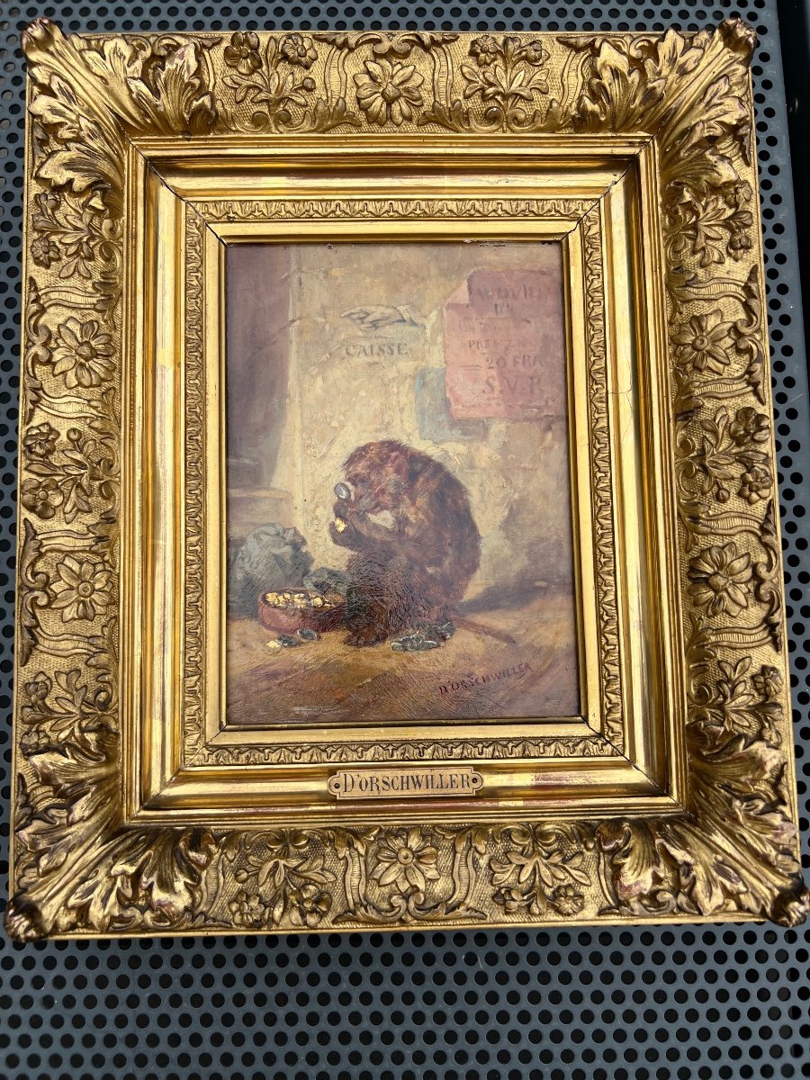 Oil On Panel By Hippolyte Boug d'Orshwiller The Monkey And His Gold Coins