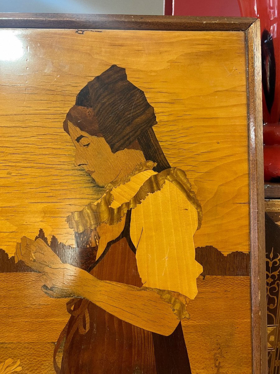 Tableau Marqueterie Par émile Galle Art Nouveau L’alsacienne à La Fleur-photo-4