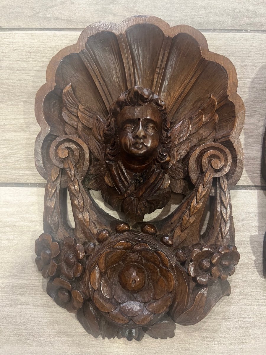 Pair Of Carved Wood Alsace XVII Angel Head -photo-4